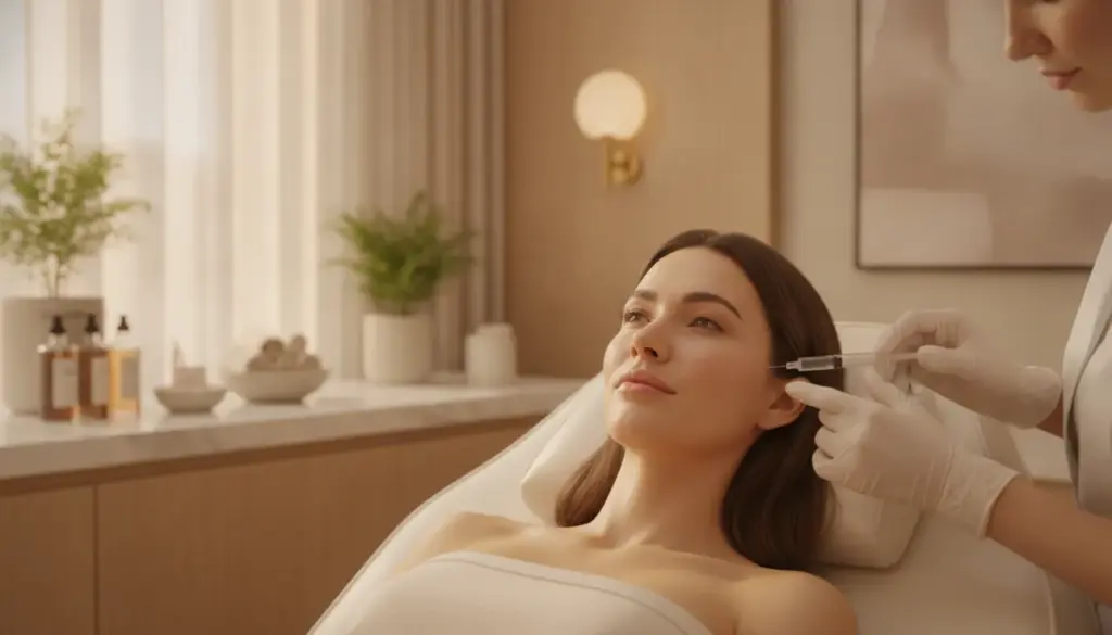 A woman relaxing in an elegant med spa during a hydrating skin treatment consultation