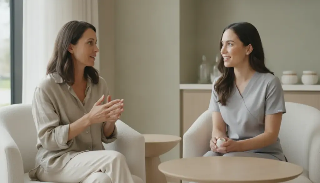 Medical aesthetician discussing acne treatment with a patient in a calm Sewickley consultation room