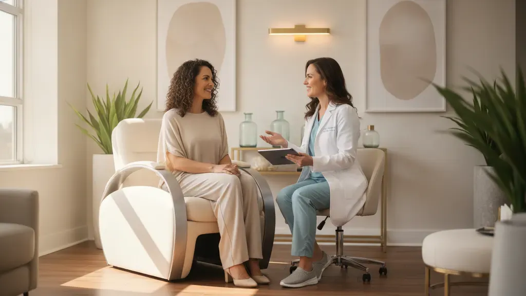 Provider discussing a pelvic floor device consultation with a fully clothed patient in a calm Pittsburgh-area wellness clinic
