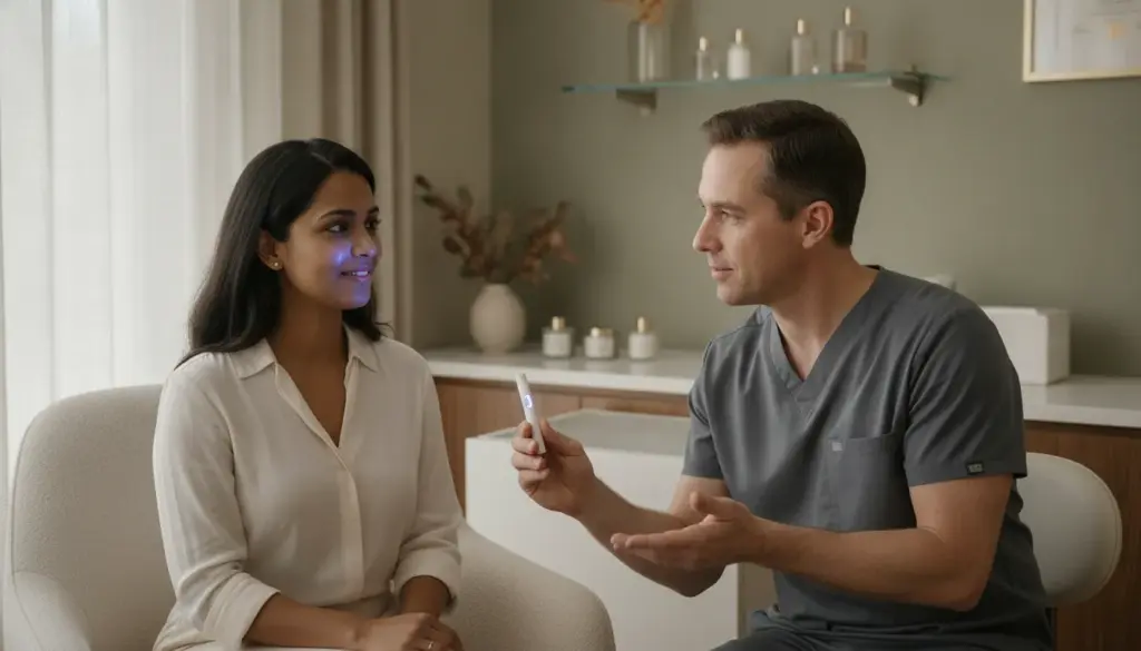 Provider discussing laser treatment for acne scars with a patient in a calm Sewickley consultation room
