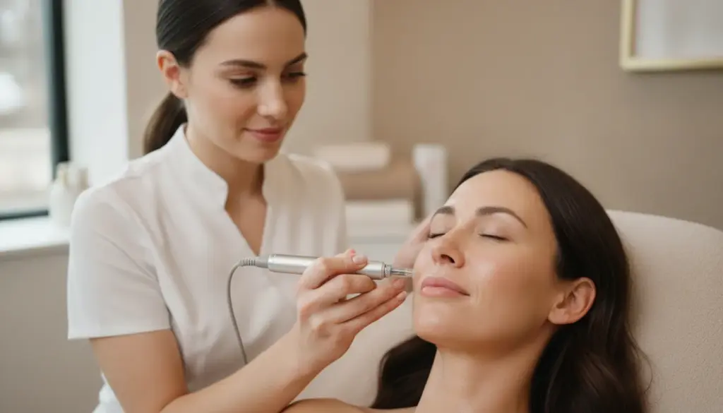 Medical aesthetician performing traditional microneedling in a bright Sewickley med spa