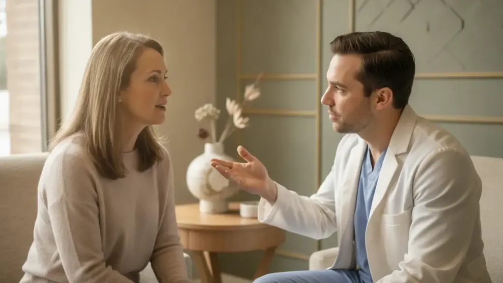 Patient discussing PRF vs PRP hair restoration Pittsburgh with a medical professional