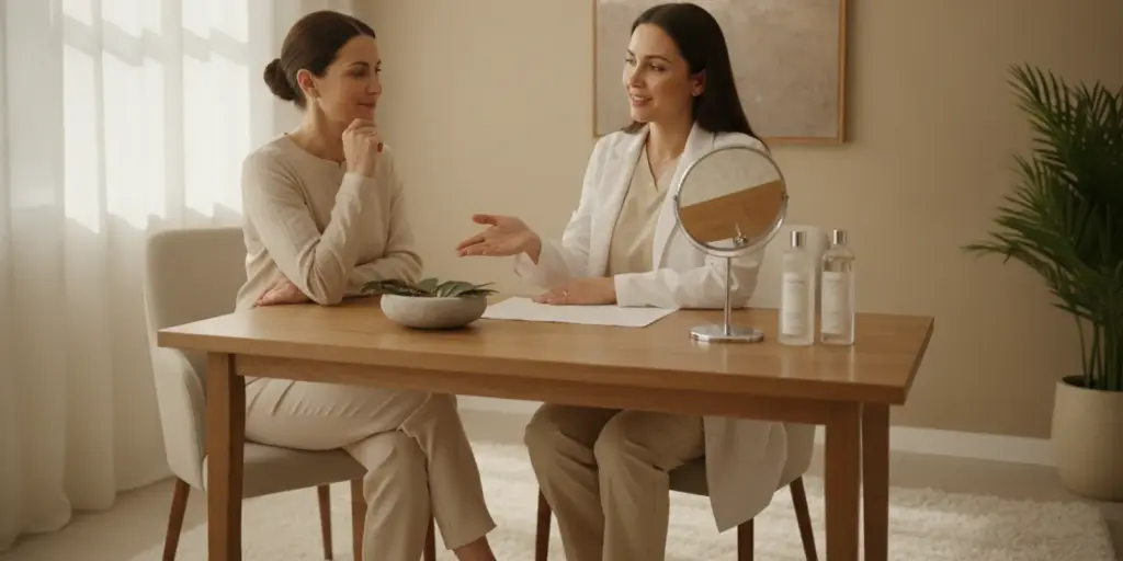 A skincare professional discussing peel treatment options with a client in a calm consultation room