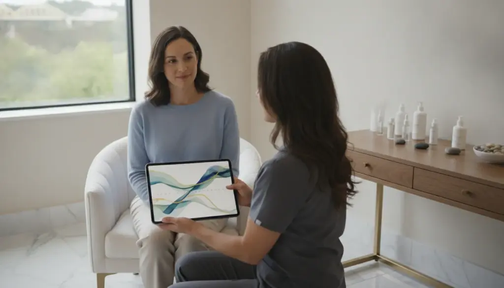 A patient and medical provider reviewing a personalized biostimulator treatment plan in a refined treatment room