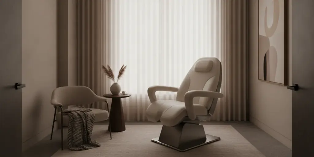 A quiet, private wellness treatment room with a modern pelvic-floor therapy chair