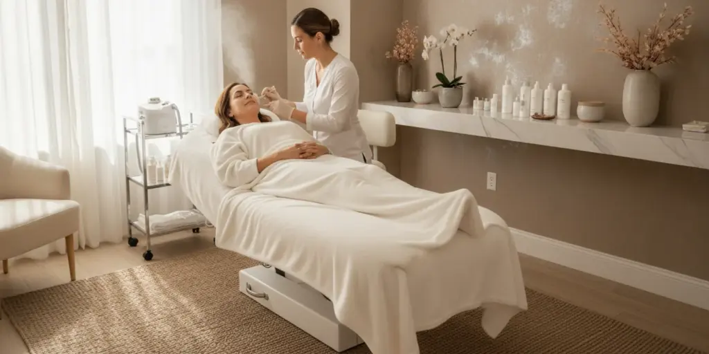 A client receiving a personalized facial in a calm treatment room