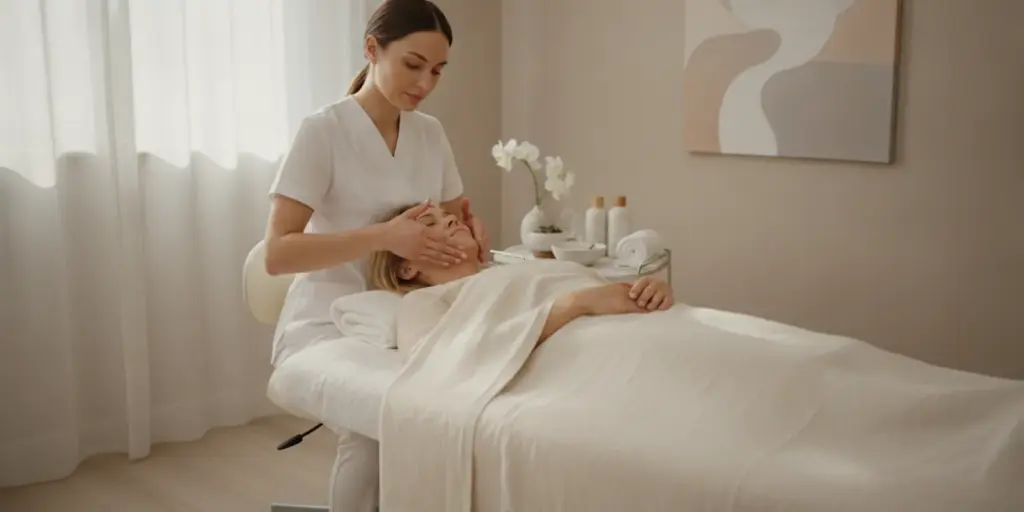 A client receiving a gentle facial treatment in a calm, polished skincare room.