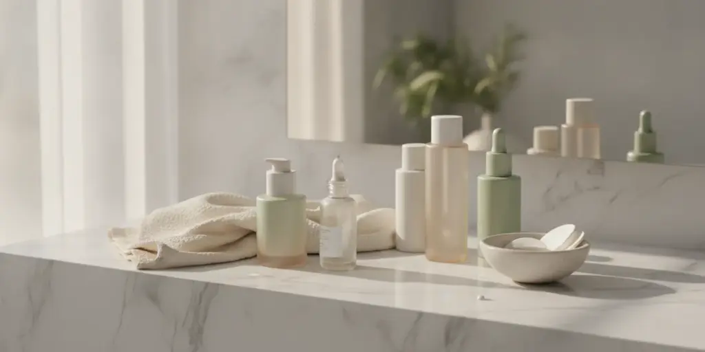 A simple Korean skincare routine arranged on a bright bathroom vanity