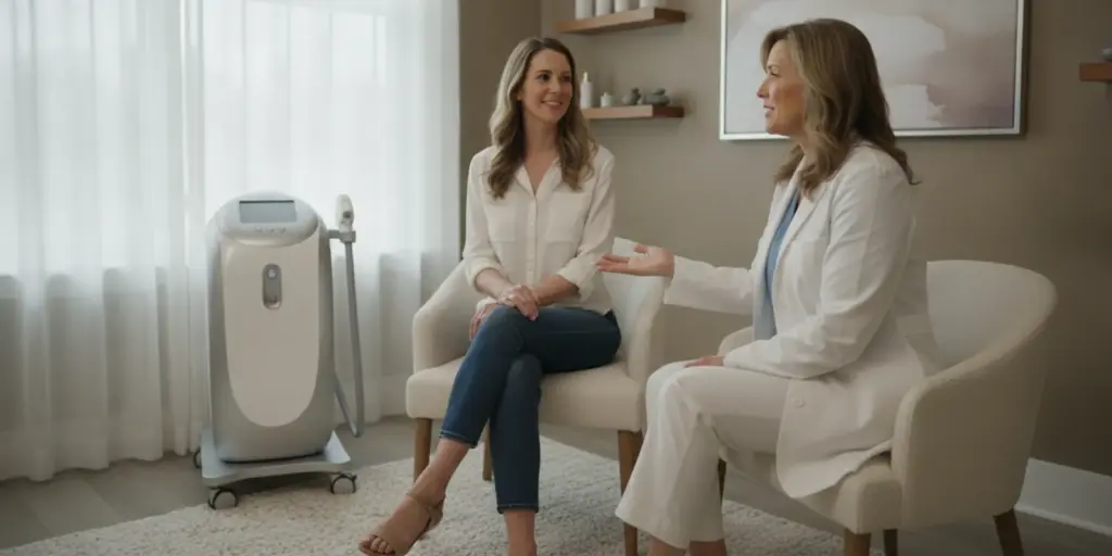 A client speaking with a provider during a laser hair removal consultation in a calm treatment room.