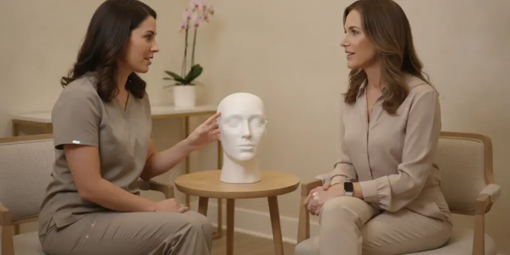 Medical professional discussing lower-face contouring options with a client during a consultation