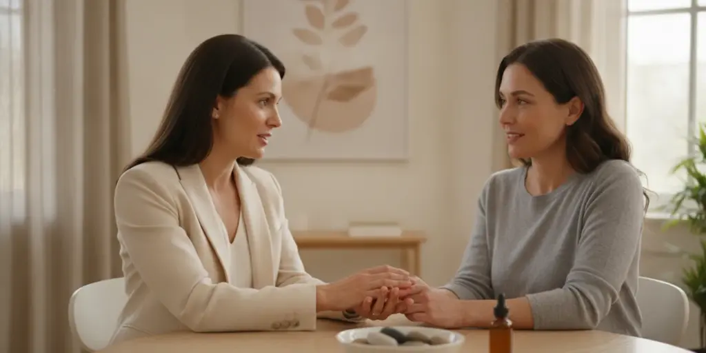 Close-up of a provider consulting with a client about hand rejuvenation in a calm treatment room