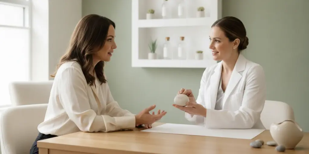 A woman speaking with a skincare provider during a treatment consultation in a calm, bright clinic