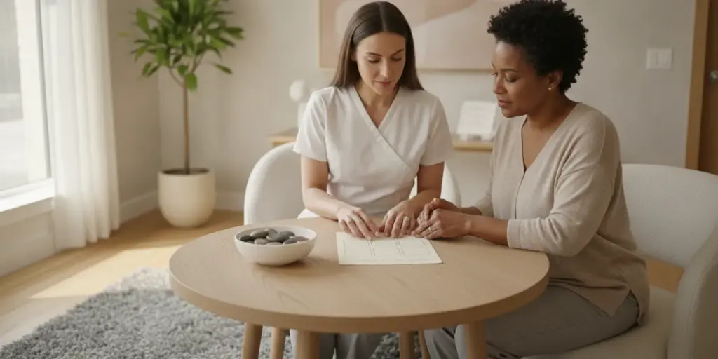 A skincare professional discussing a personalized treatment plan with a client in a calm consultation room